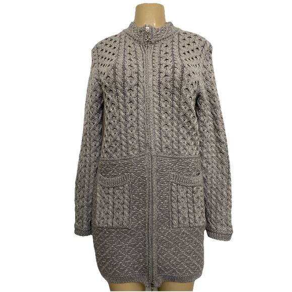 Aran Crafts Irish Cable Knit Sweater Coat Zip Fisherman Wool Gray Cardigan S - Picture 1 of 7